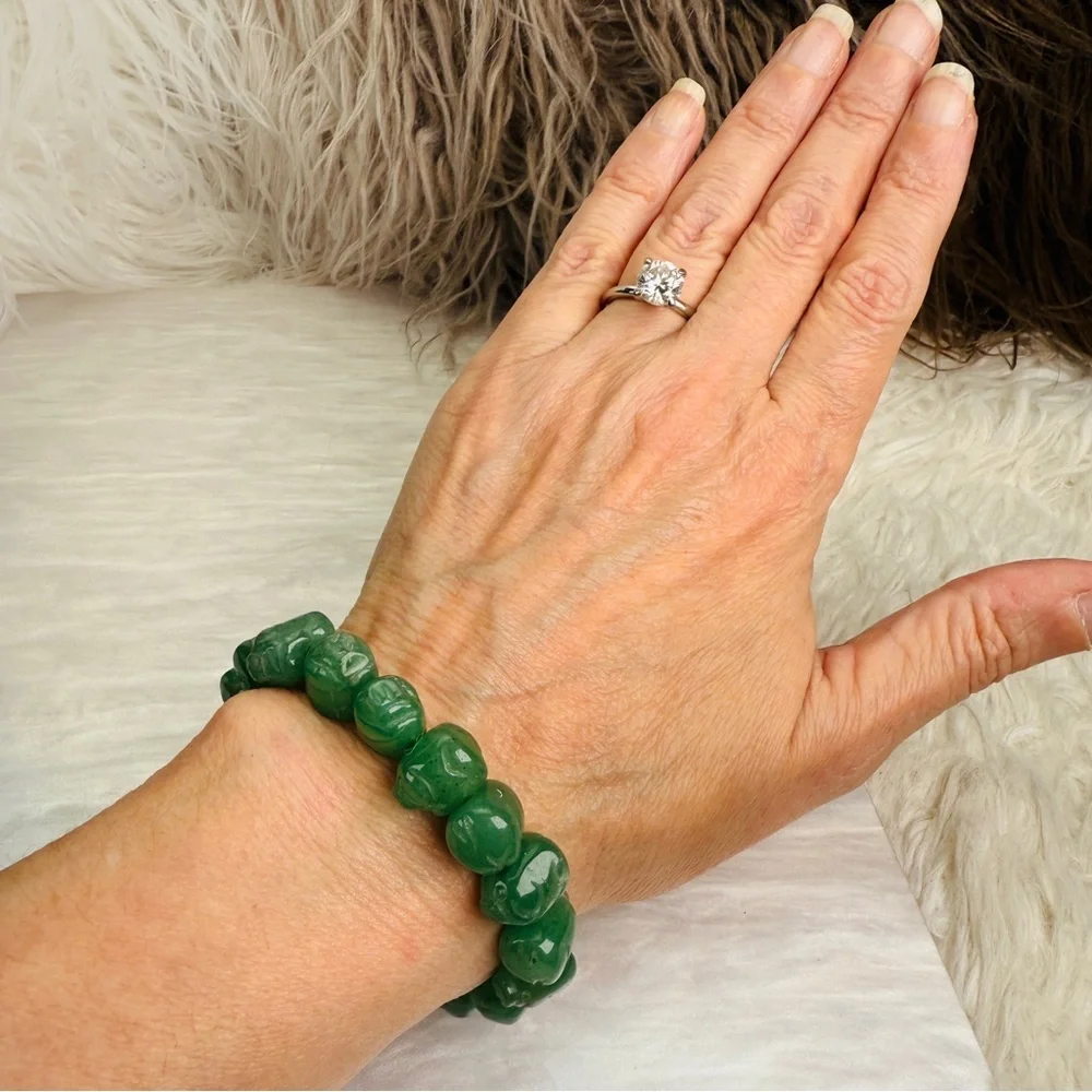 Vintage Hand Carved Green Stone Stretch Weighted  Bracelet